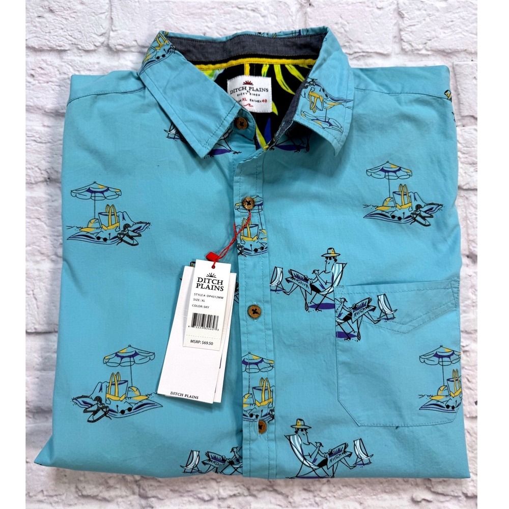 Ditch Plains Button Down Shirt‎ Mens XL Sky Blue New Beach Print Short Slv